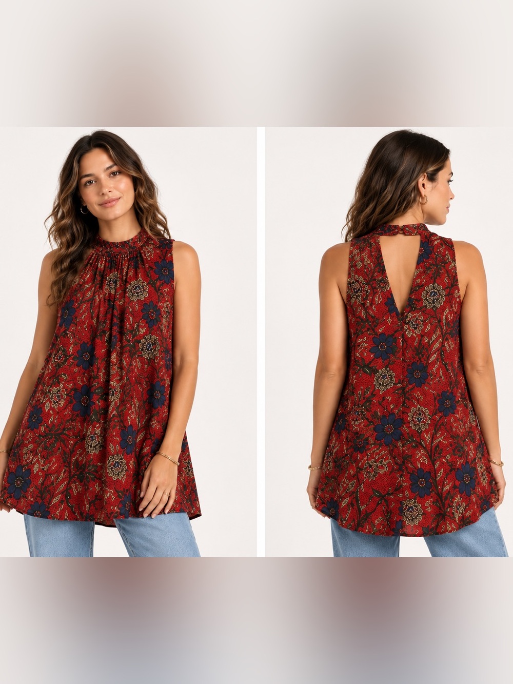 JODIFL Red Patterned Sleeveless Halter Neck Bohemian 90’s Inspired Top Medium